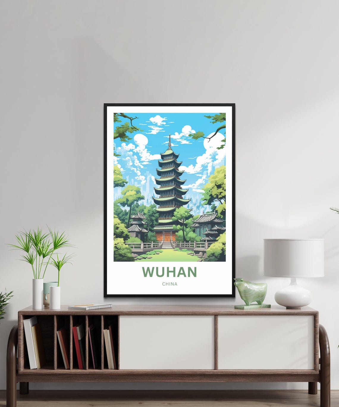 Wuhan China Customizable Green Pagoda Temple Landmark Poster - Image 3
