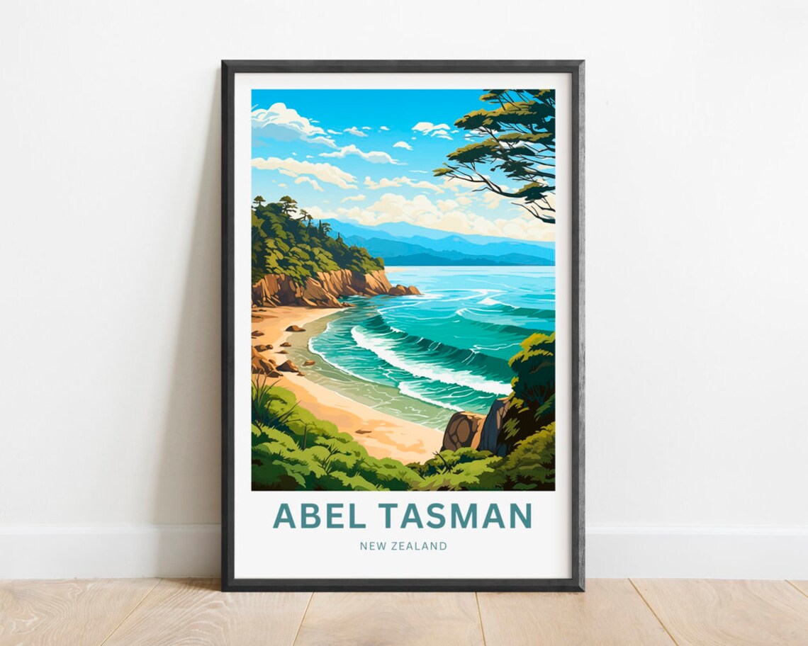 Abel Tasman New Zealand Golden Beach Cove Surfing Scene Poster