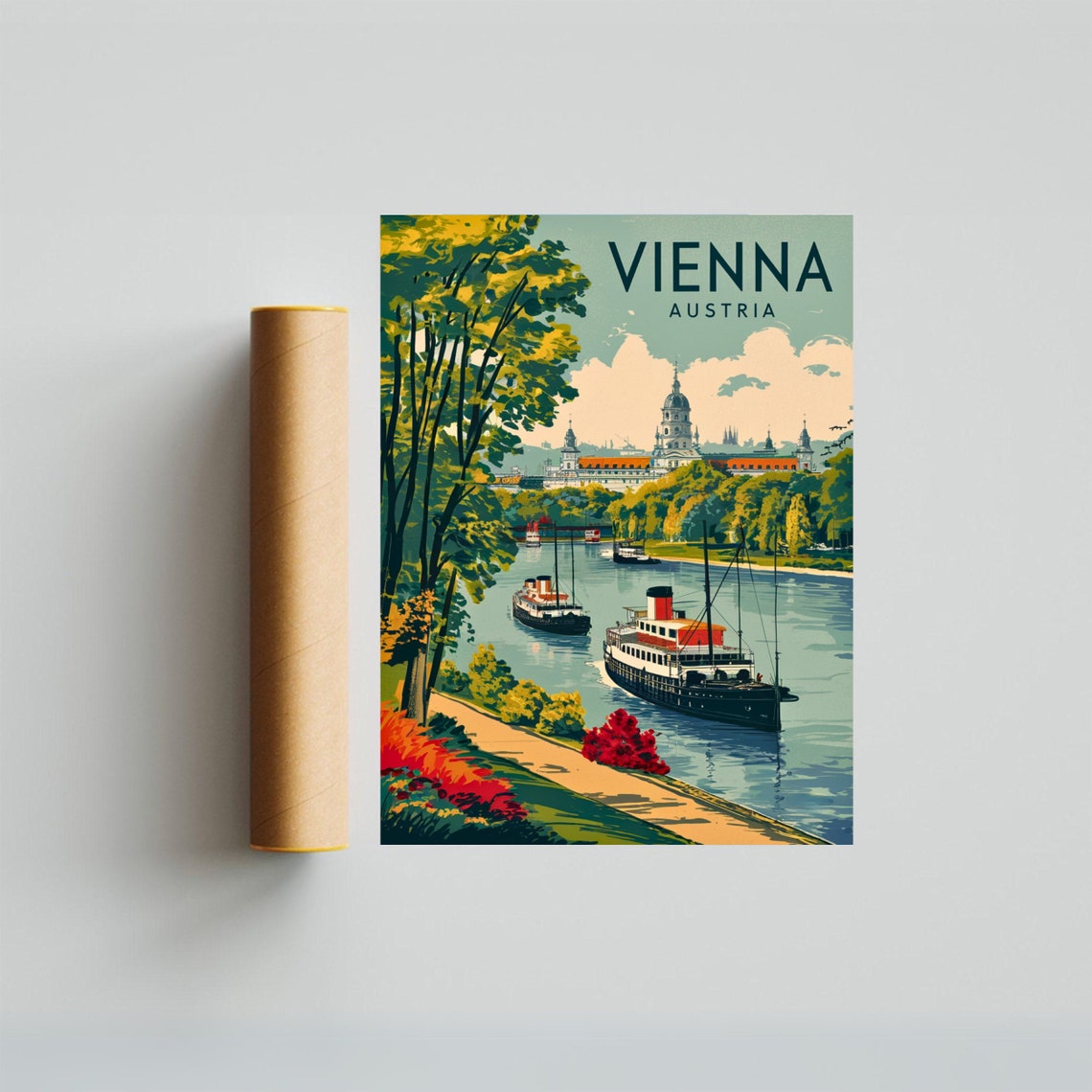 Vienna Austria Vintage Danube Steamboat Riverside Walk Travel Poster - Image 3