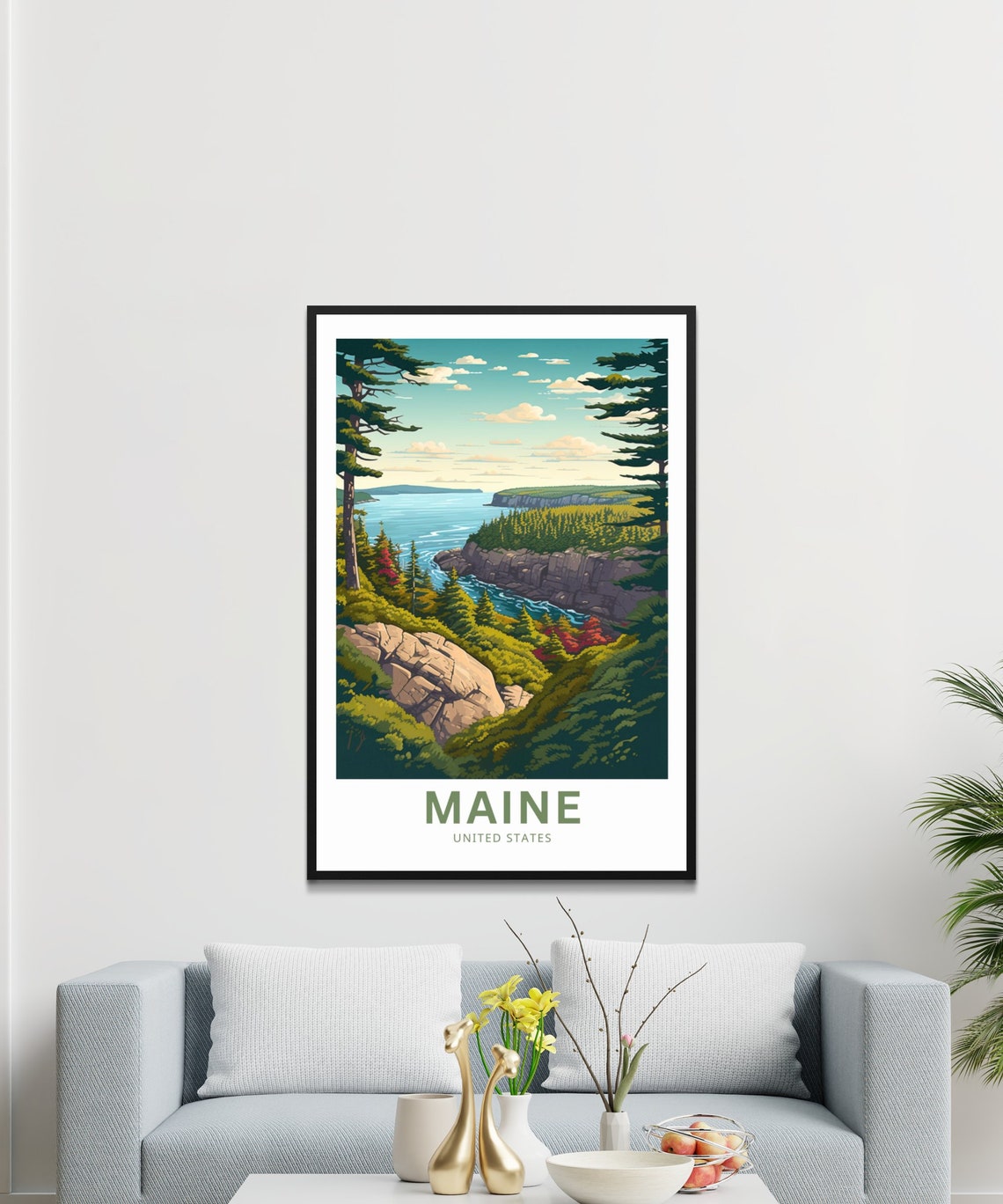 Maine Rocky Coast Pine Forest Ocean Cliffs Scenic Art Poster - Image 3