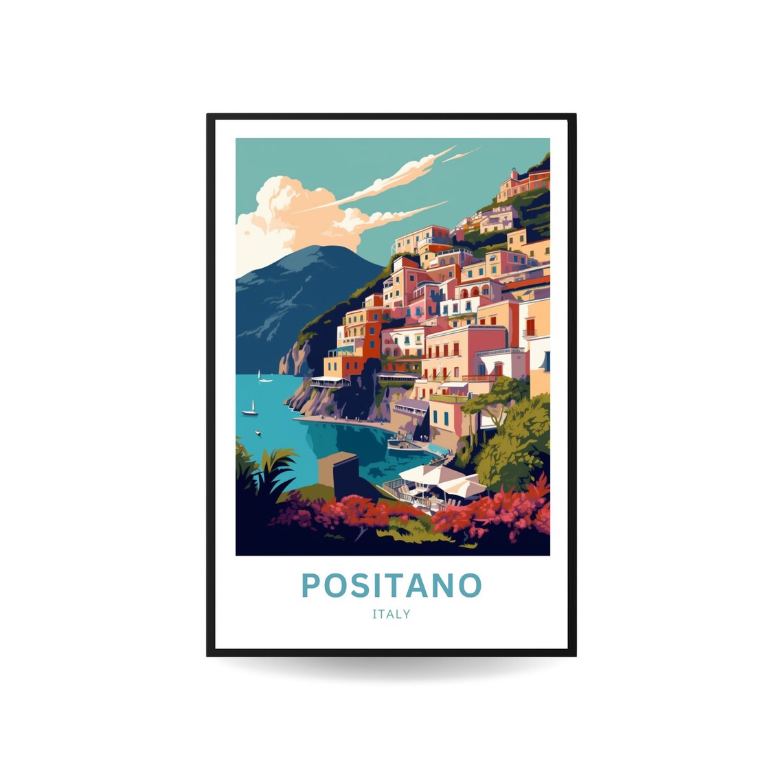 Positano Italy Pastel Cliffside Village Boats Beach Travel Poster - Image 3