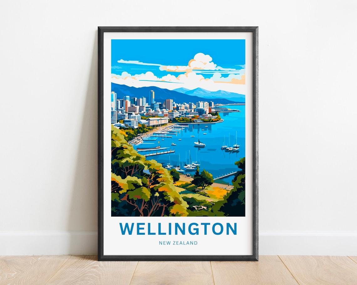 Wellington New Zealand Waterfront Sailboats City Skyline Travel Poster