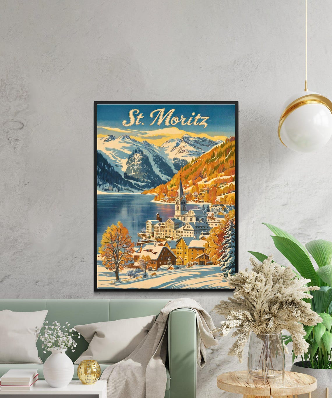 St. Moritz Switzerland Winter Village Lake Retro Travel Poster - Image 2