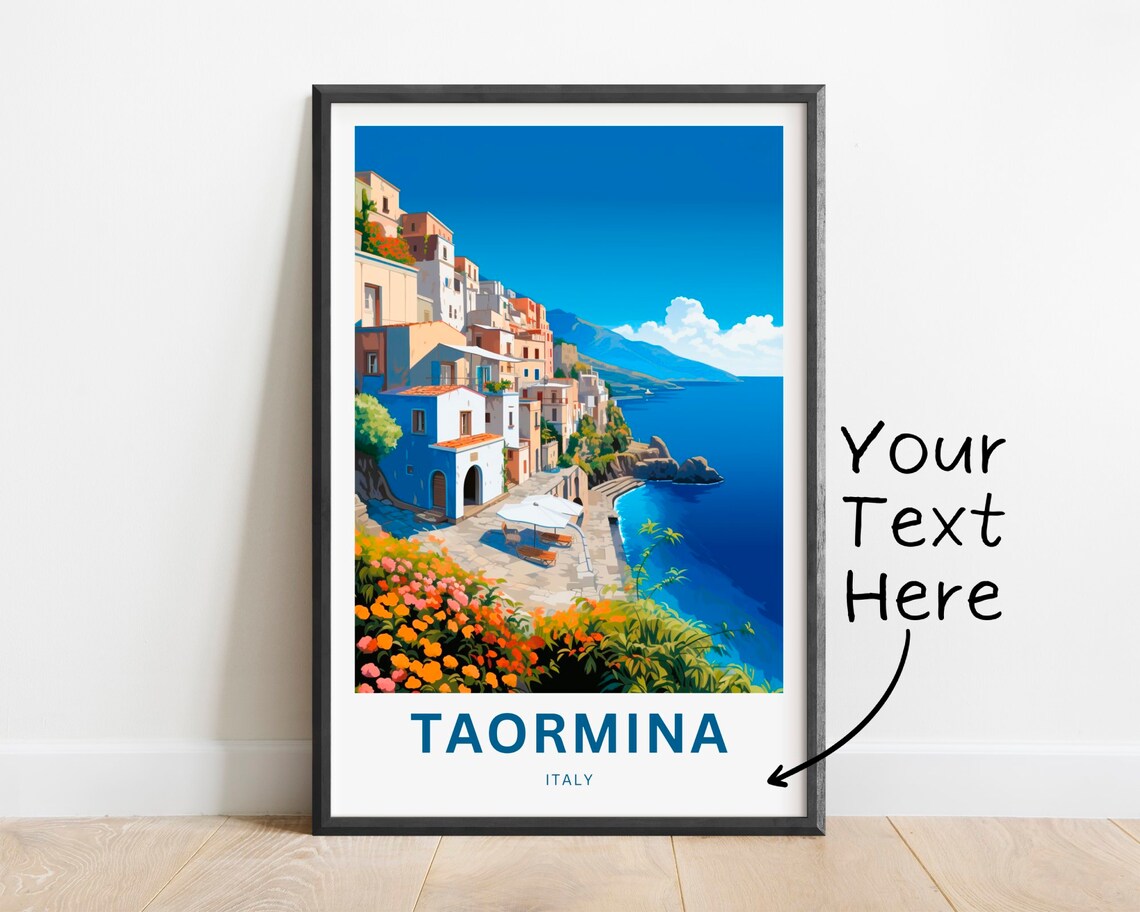 Personalized Taormina Italy Cliffside Town Flowers Travel Poster