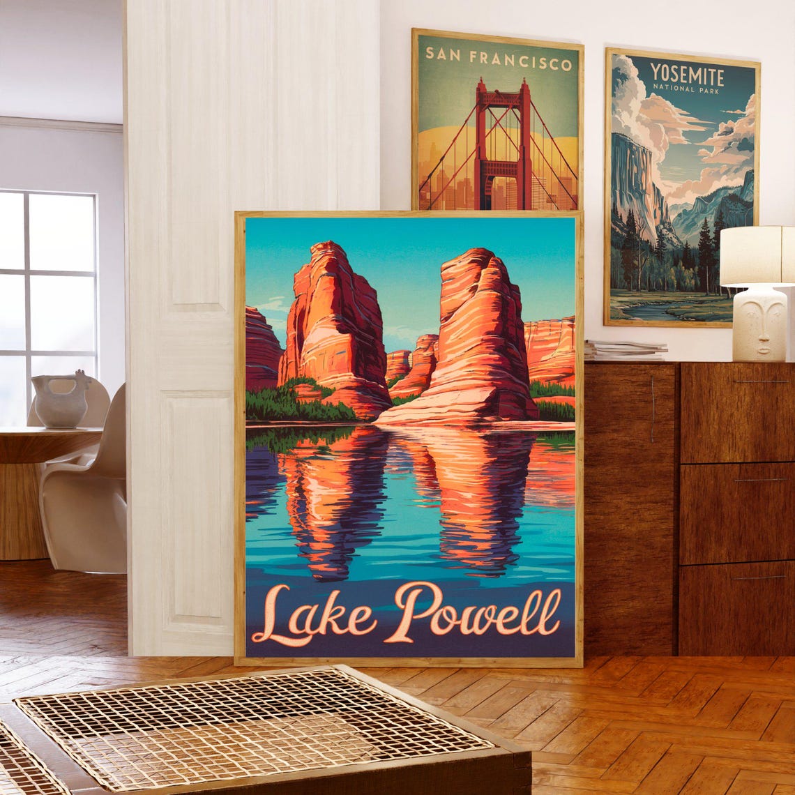 Lake Powell Vintage Red Rock Tower Lake Reflection Art Poster - Image 3