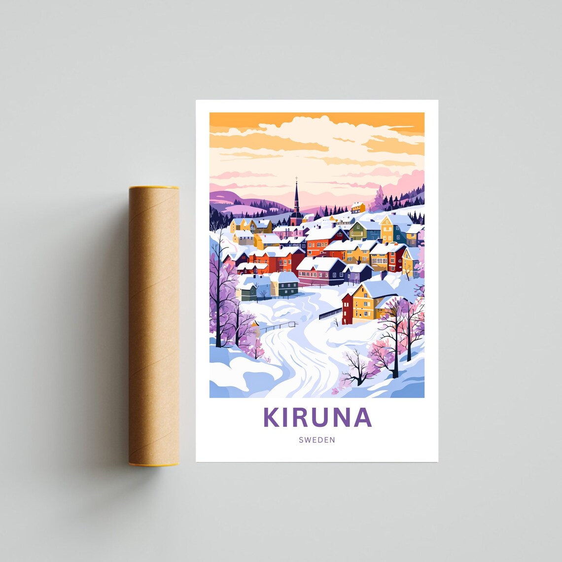 Kiruna Sweden Colorful Houses Church Snowy Scene Personalized Poster - Image 4