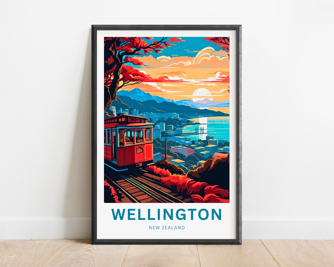 Wellington New Zealand Cable Car Sunset Harbor View Travel Poster