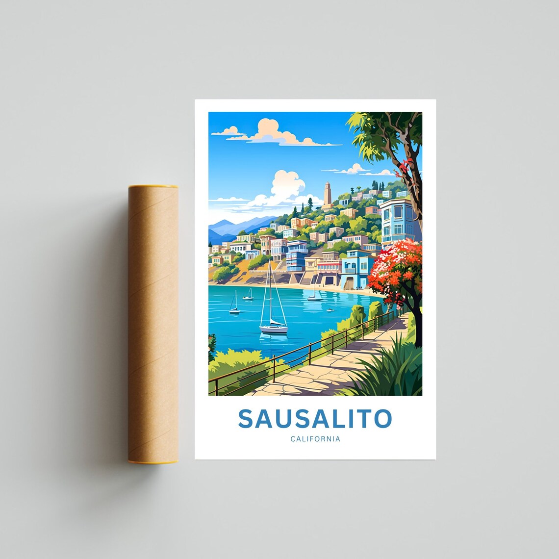 Sausalito California Colorful Harbor Hillside Sailboats Poster - Image 4