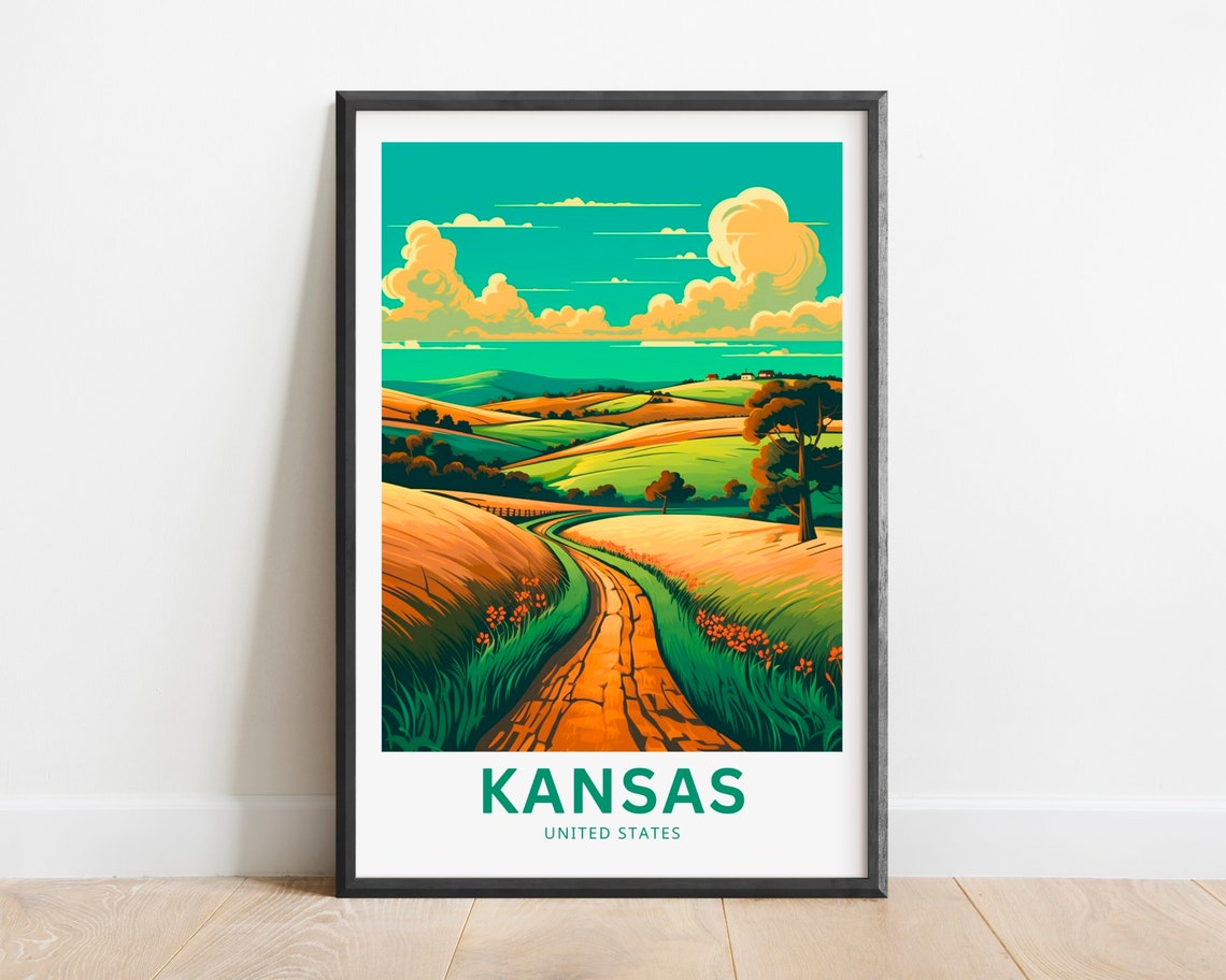 Kansas Rolling Hills Country Road Retro Vintage Travel Poster