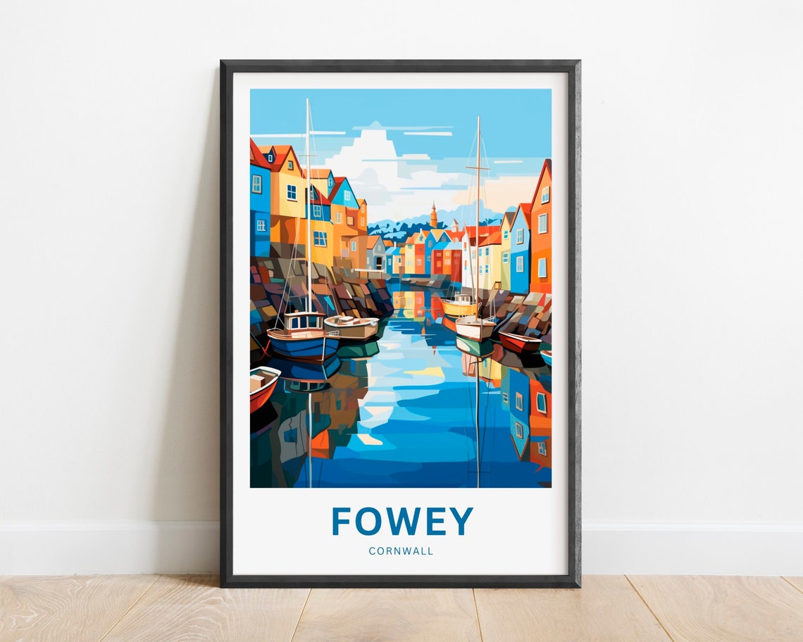 Fowey Cornwall Harbor Boats Colorful Waterfront Travel Poster