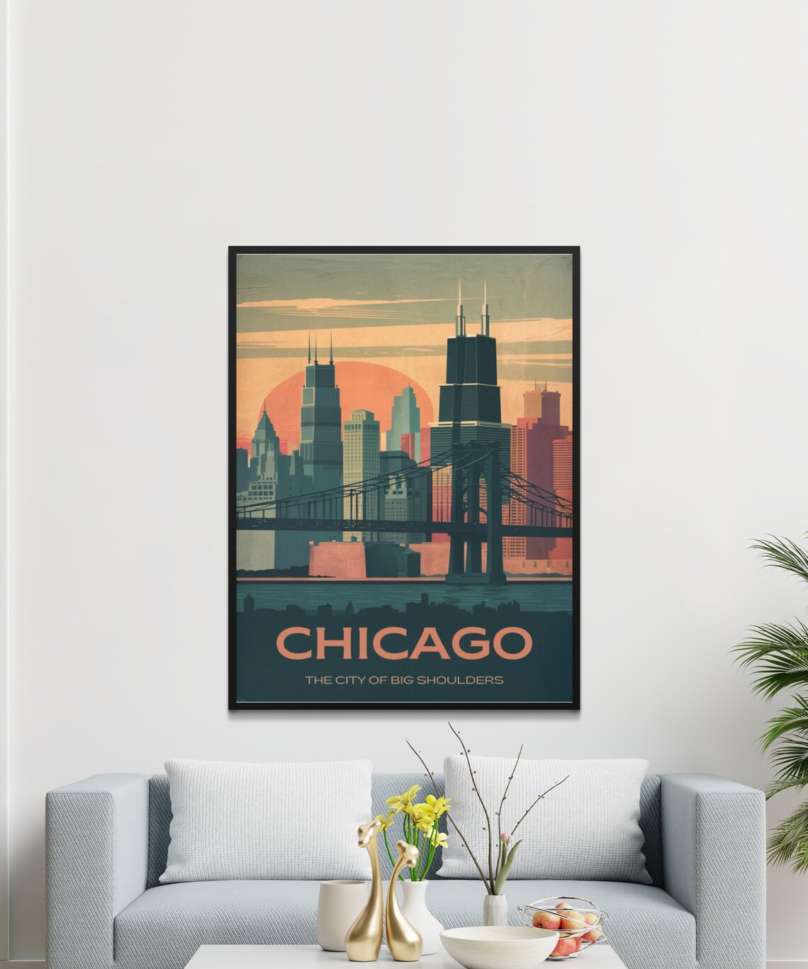 Chicago Vintage Travel Poster City of Big Shoulders Skyline Sunset