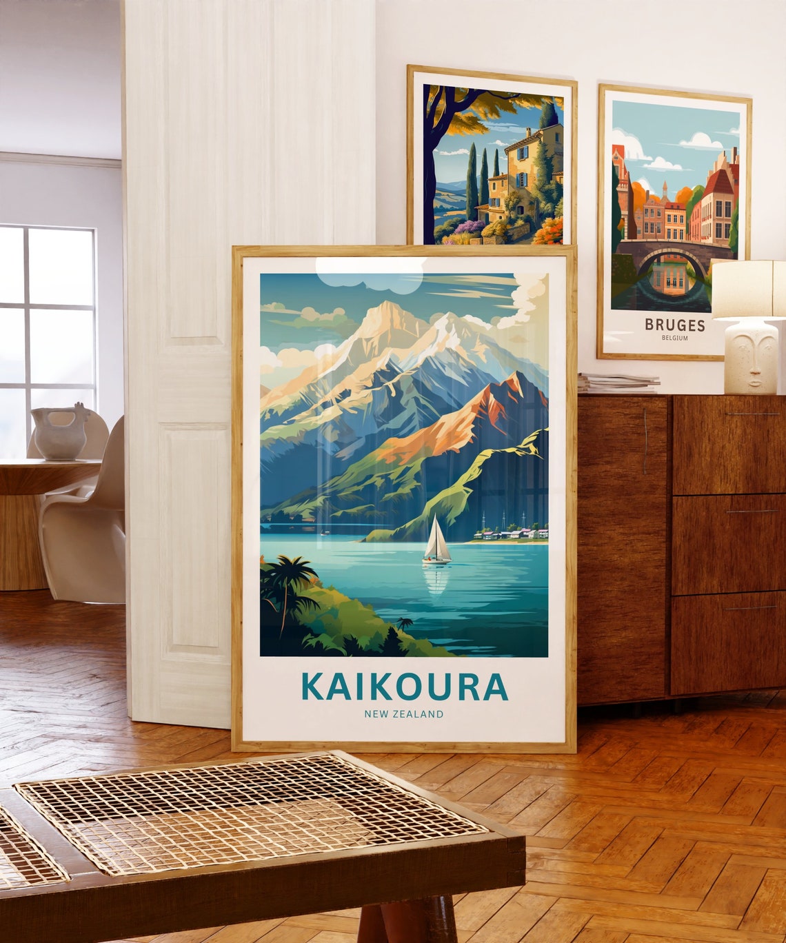 Kaikoura New Zealand Snowy Mountains Turquoise Bay Sailboat Poster - Image 5