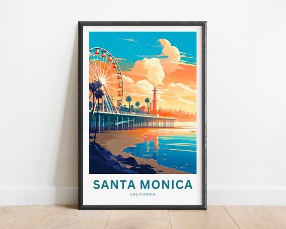 Santa Monica California Pier Ferris Wheel Sunset Travel Poster