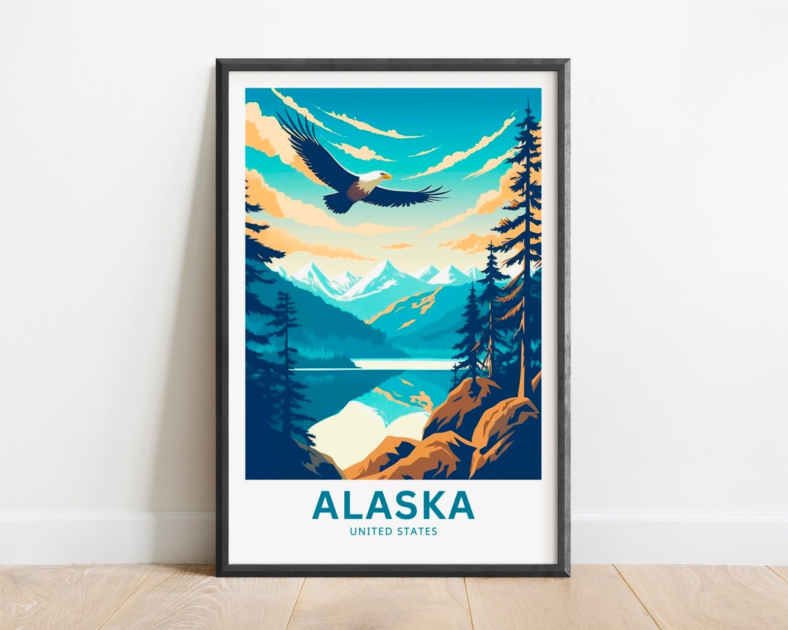Alaska Bald Eagle Soaring Mountain Lake Wildlife Travel Poster