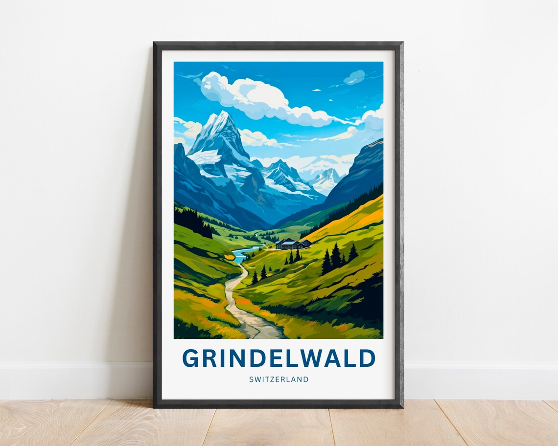 Grindelwald Switzerland Green Valley Chalet Trail Mountain Poster