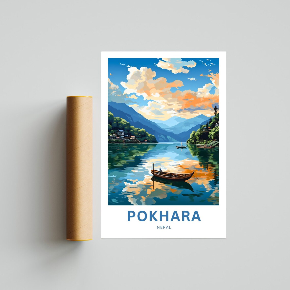 Pokhara Nepal Mirror Lake Lone Canoe Golden Hour Travel Poster - Image 4