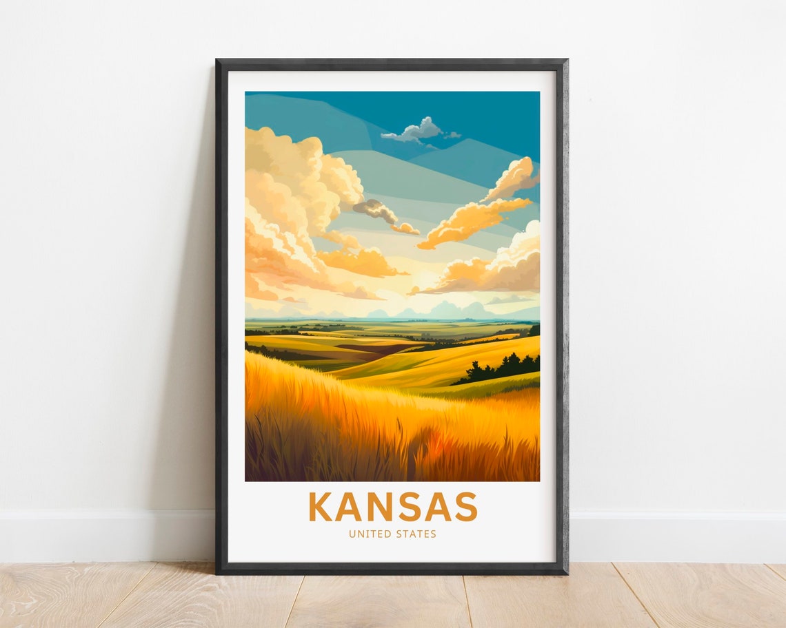 Kansas Golden Wheat Fields Dramatic Sky Vintage Travel Poster