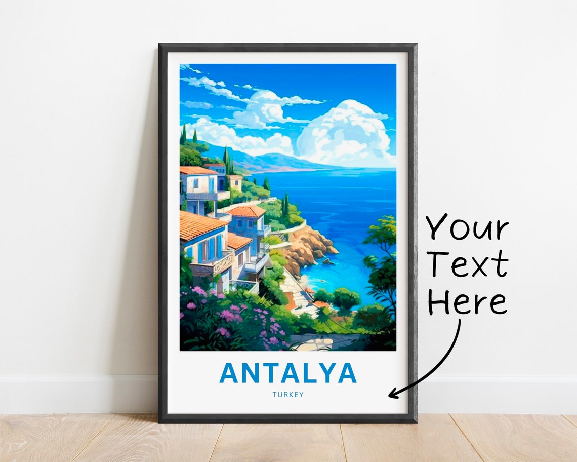 Personalized Antalya Turkey Poster with Cliffside Coastal Homes Art