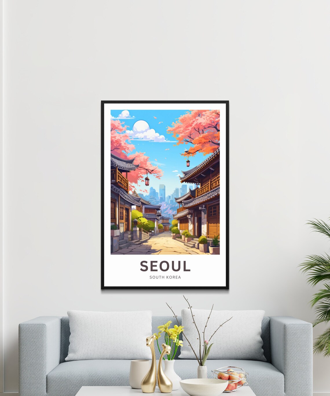 Seoul South Korea Travel Poster Cherry Blossom Hanok Street Art - Image 3