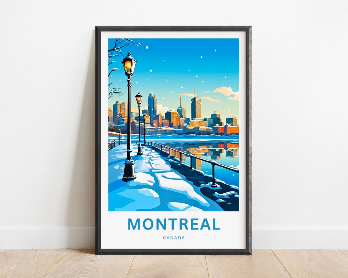 Montreal Canada Snowy Winter Riverfront Lamp Walk Scene Poster