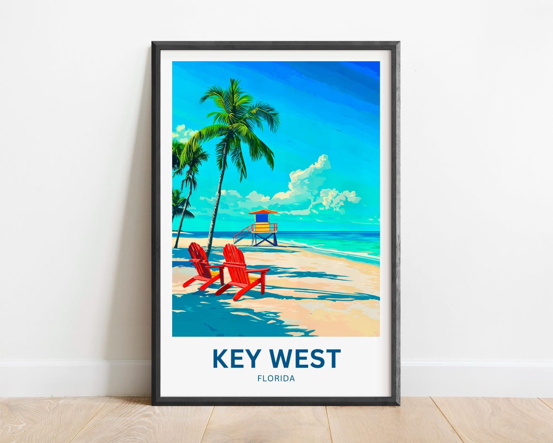 Key West Florida Beach Chairs Lifeguard Tower Sunny Travel Poster