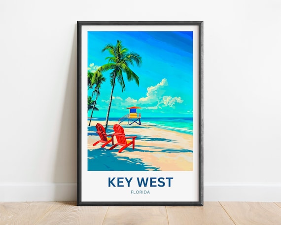 Key West Florida Beach Chairs Lifeguard Tower Sunny Travel Poster