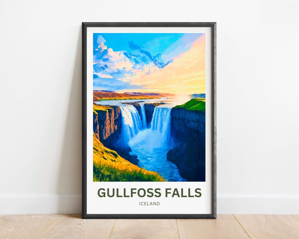 Gullfoss Falls Iceland Golden Sunset Waterfall Nature Poster