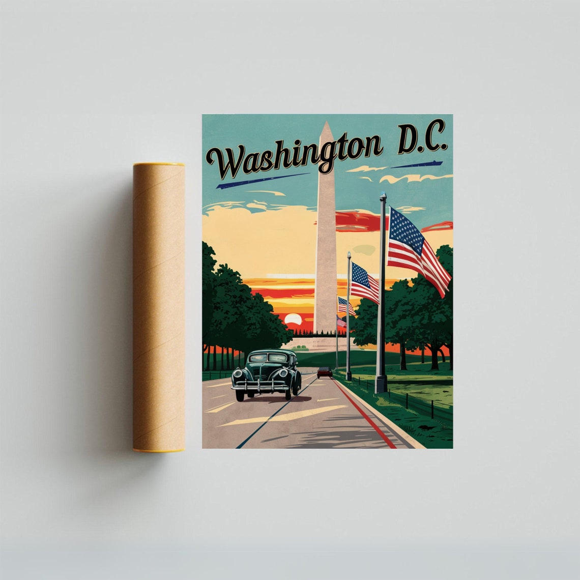 Washington DC Vintage Monument Flags Classic Car Sunset Travel Poster - Image 3