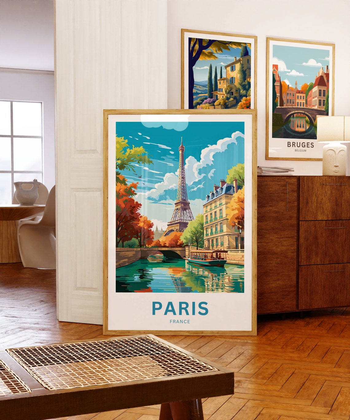 Paris France Eiffel Tower Canal Boat Autumn Trees Travel Poster - Image 5