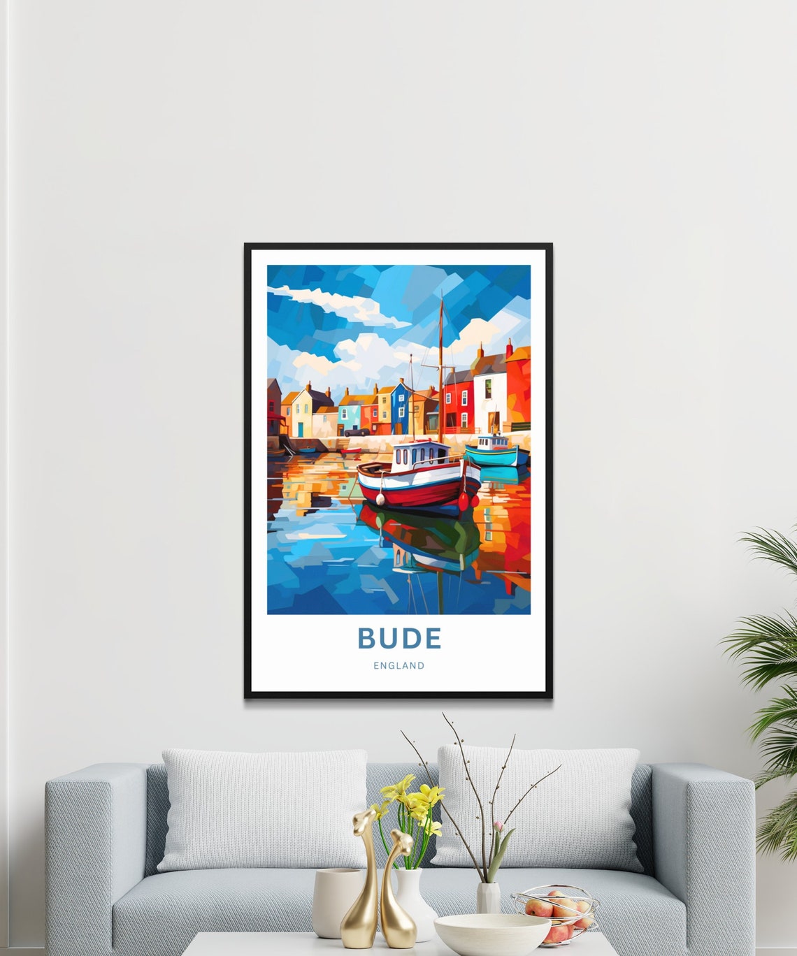 Bude England Colorful Harbor Geometric Boat Art Travel Poster - Image 3