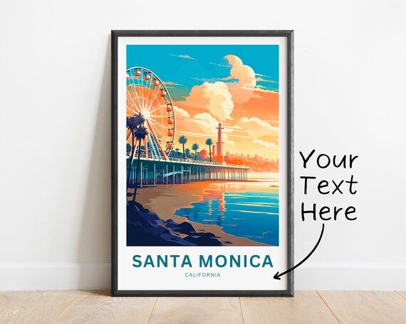 Santa Monica California Custom Text Pier Ferris Wheel Sunset Travel Poster