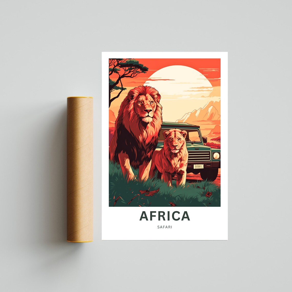 Africa Safari Lion and Lioness with Jeep Sunset Savanna Poster - Image 4