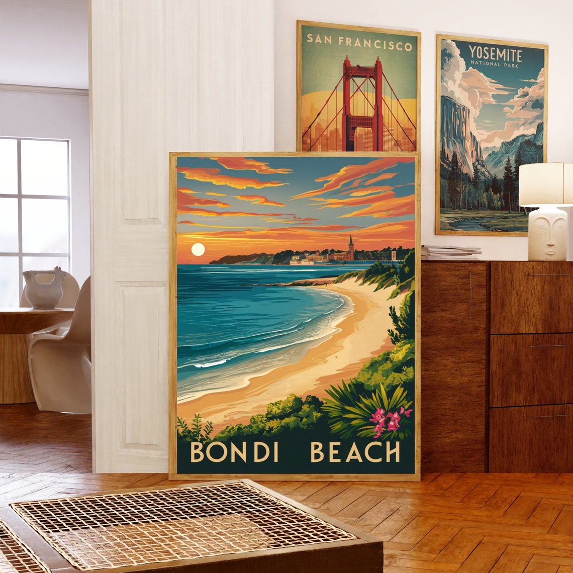 Bondi Beach Dramatic Orange Sunset Bay Rolling Waves Vintage Poster - Image 5