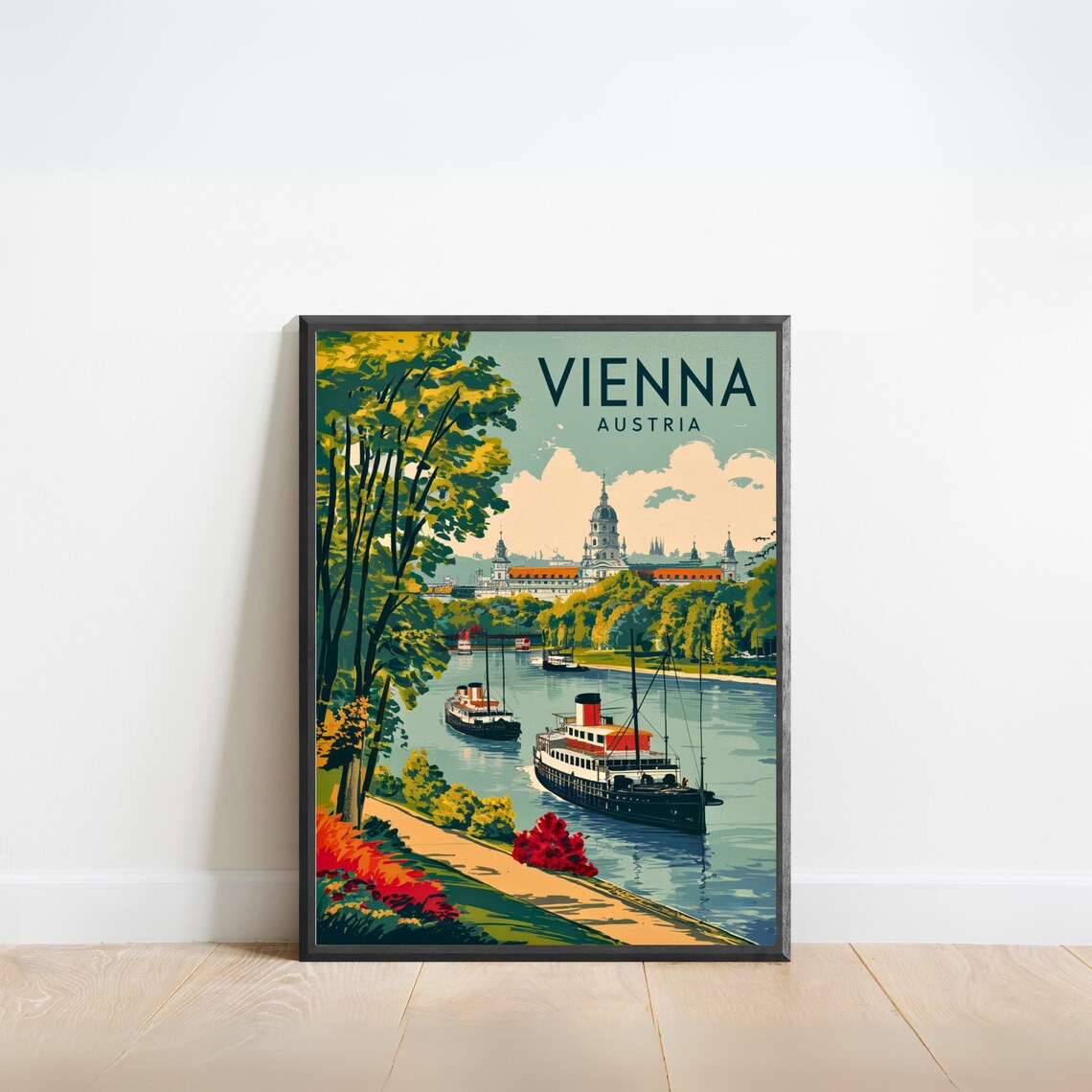 Vienna Austria Vintage Danube Steamboat Riverside Walk Travel Poster