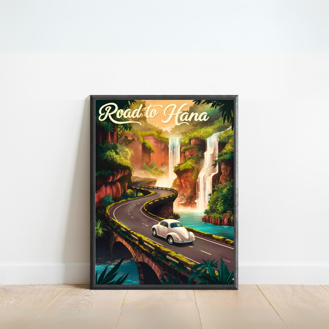 Road to Hana Hawaii Waterfall Bridge Vintage Beetle Travel Poster