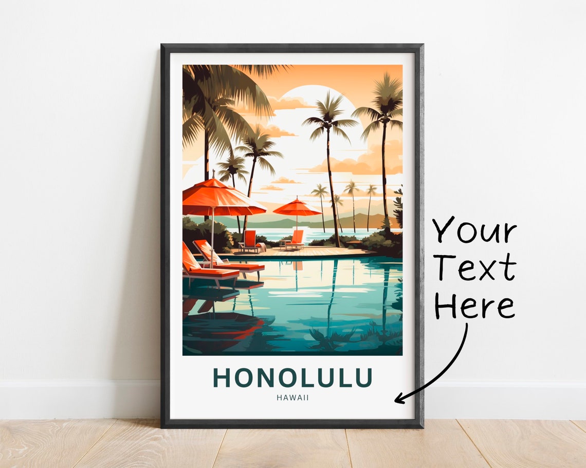 Honolulu Hawaii Resort Pool Palms Orange Umbrellas Sunset Poster