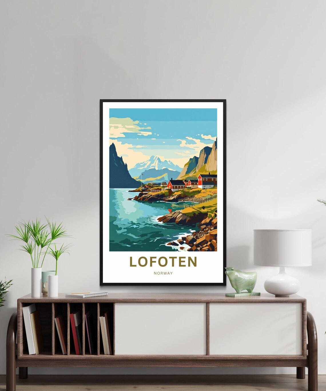 Lofoten Norway Teal Fjord Red Cabins Snow Peaks Personalized Poster - Image 2