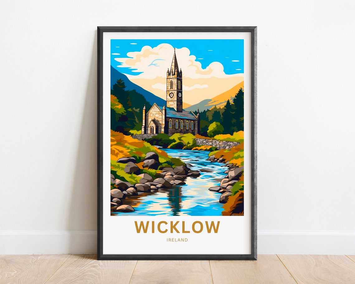 Wicklow Ireland Stone Church by River Vintage Style Travel Poster