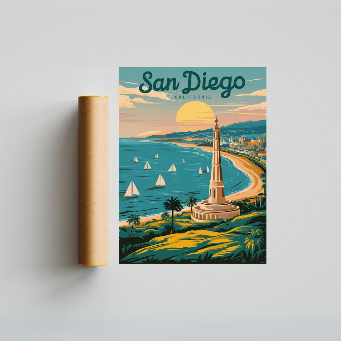 San Diego California Sailboats Sunset Bay Vintage Travel Poster - Image 4