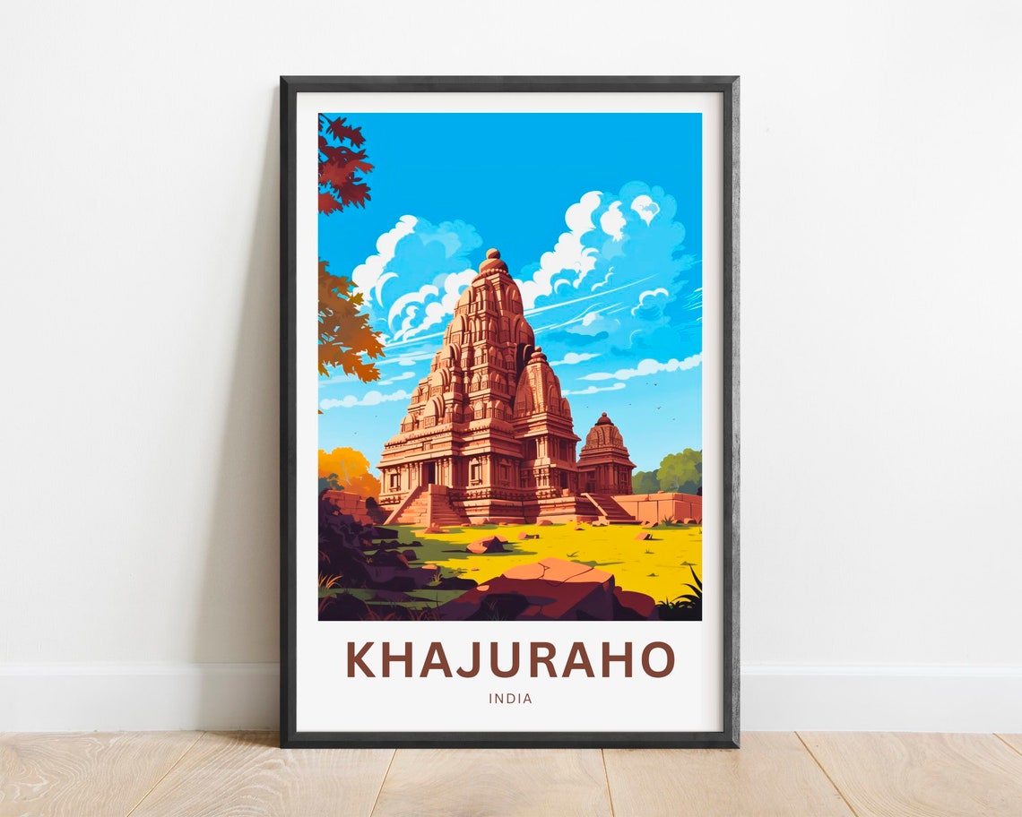 Khajuraho Temple Complex India Red Stone Garden View Travel Poster