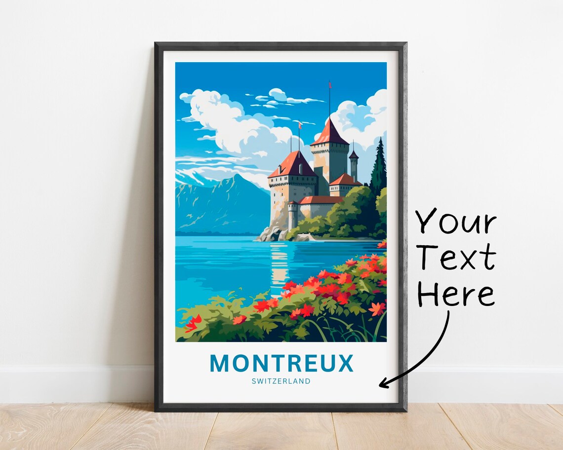 Montreux Switzerland Lakeside Castle Red Flowers Custom Travel Poster