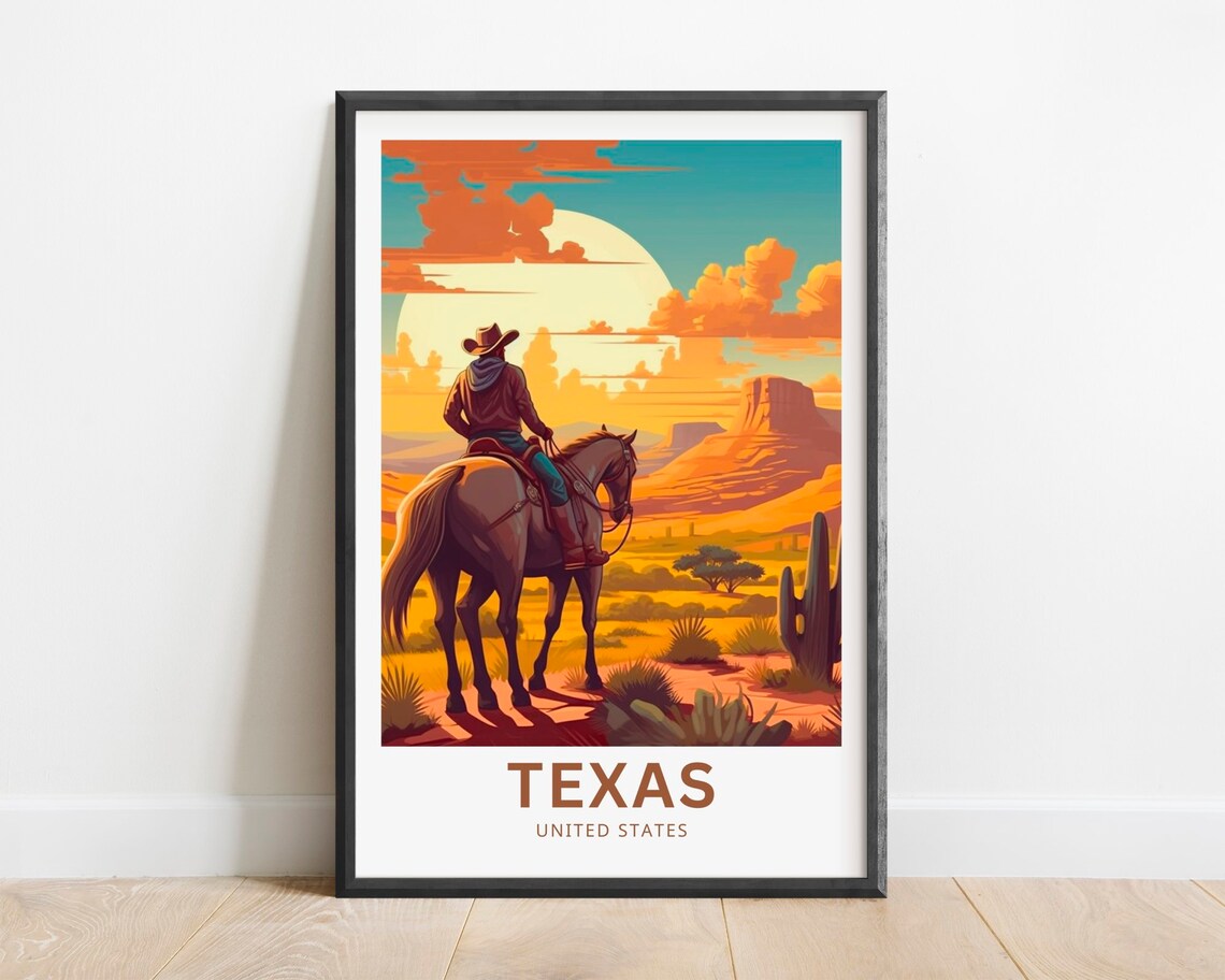 Texas Cowboy Horseback Sunset Desert Illustrated Travel Poster