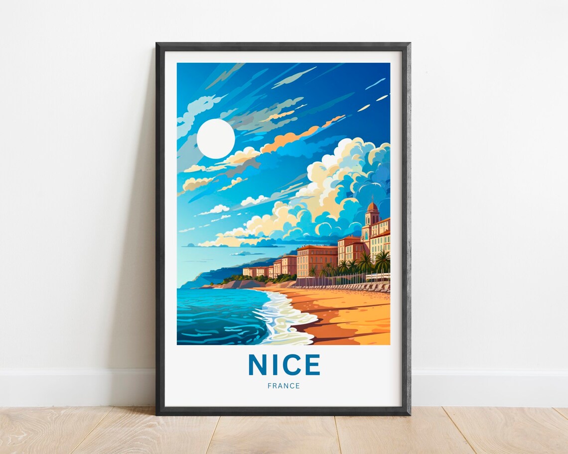 Nice France Sunny Beach Day Golden Sun Sea Waves Travel Poster