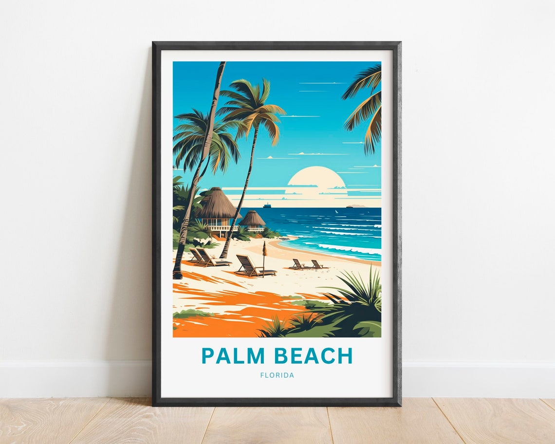 Palm Beach Florida Tiki Huts Golden Sunset Beach Scene Poster