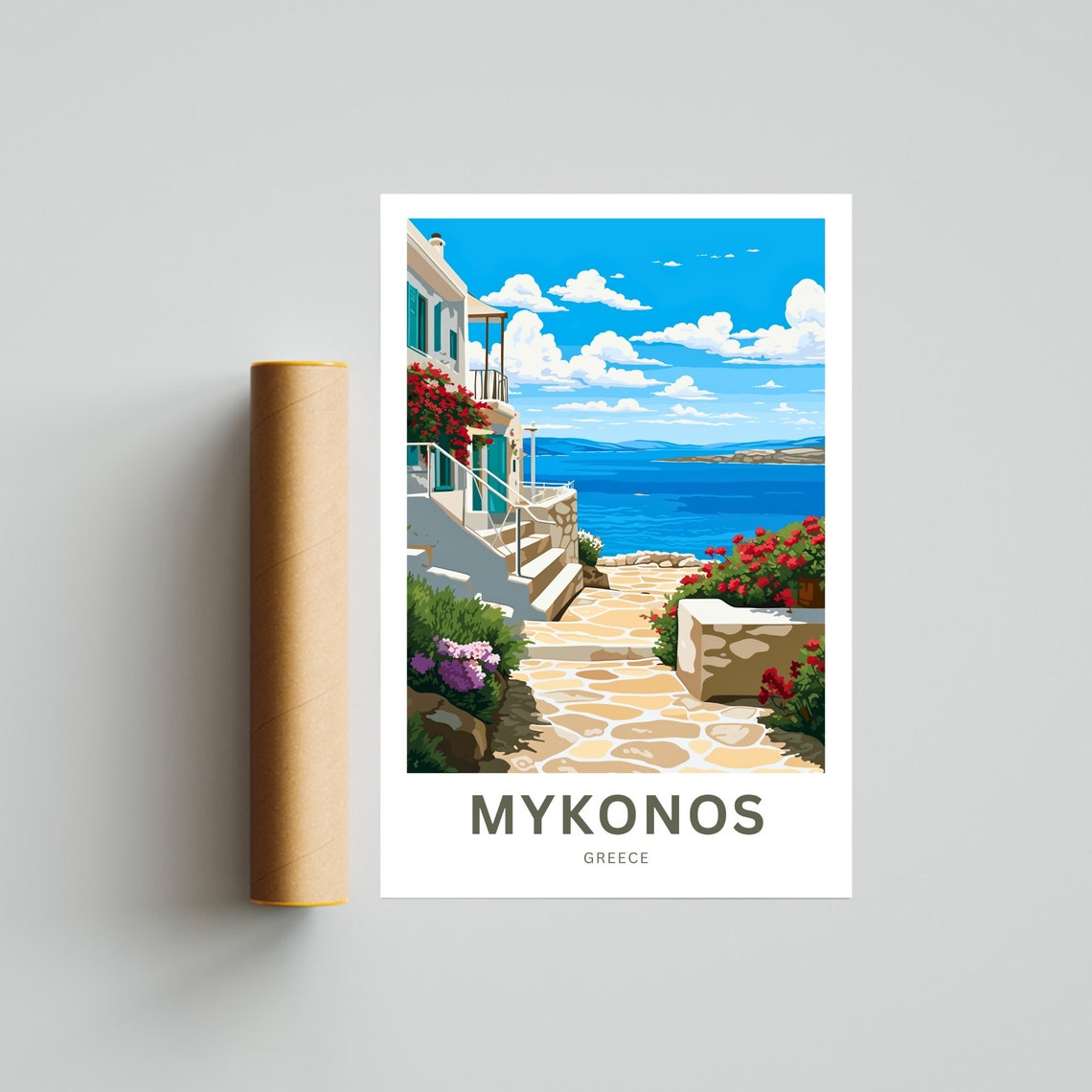 Mykonos Greece Stone Lane Whitewashed Villa Blue Sea Breeze Poster - Image 4