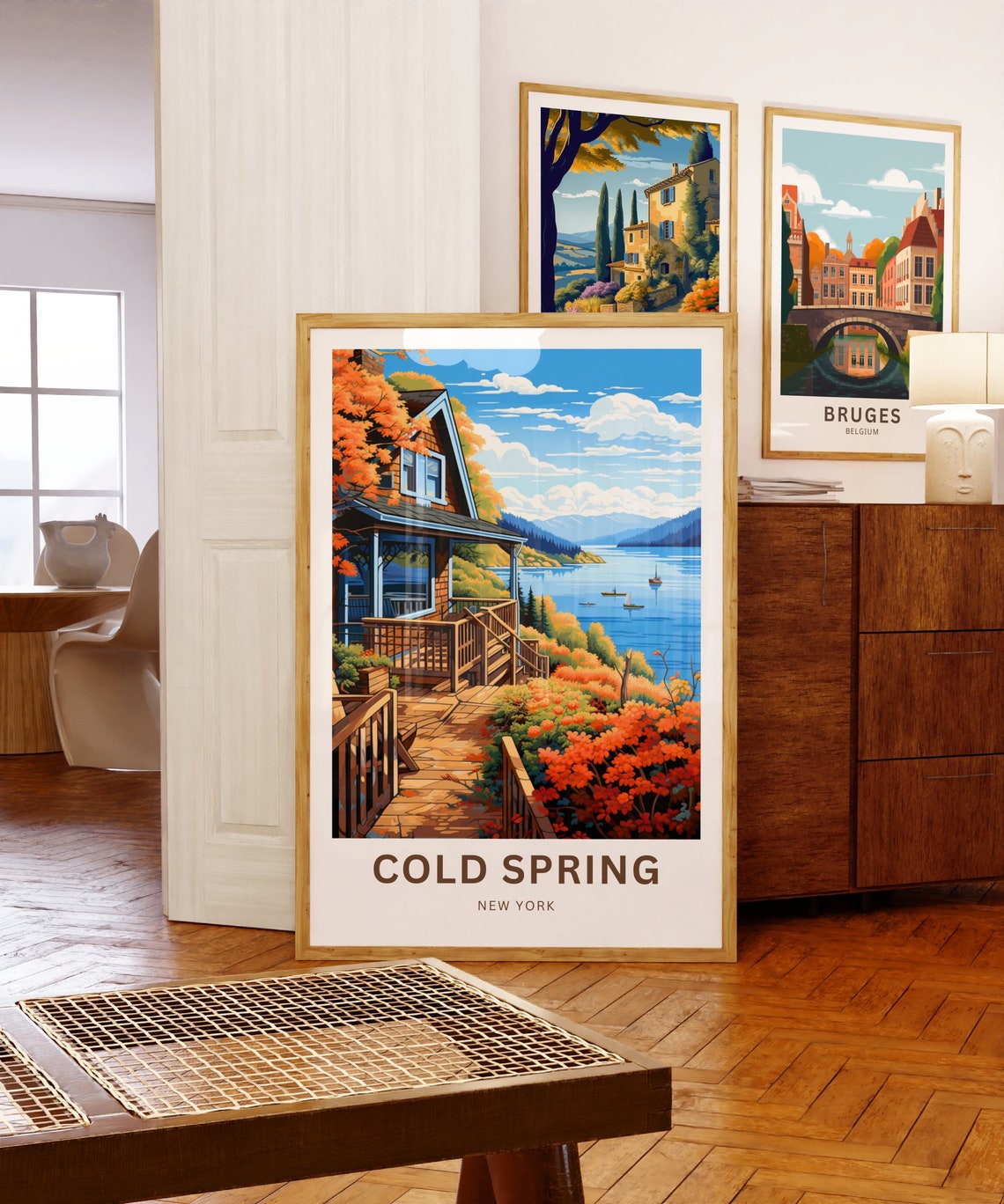 Cold Spring New York Autumn Lake Cabin Watercolor Travel Poster - Image 5