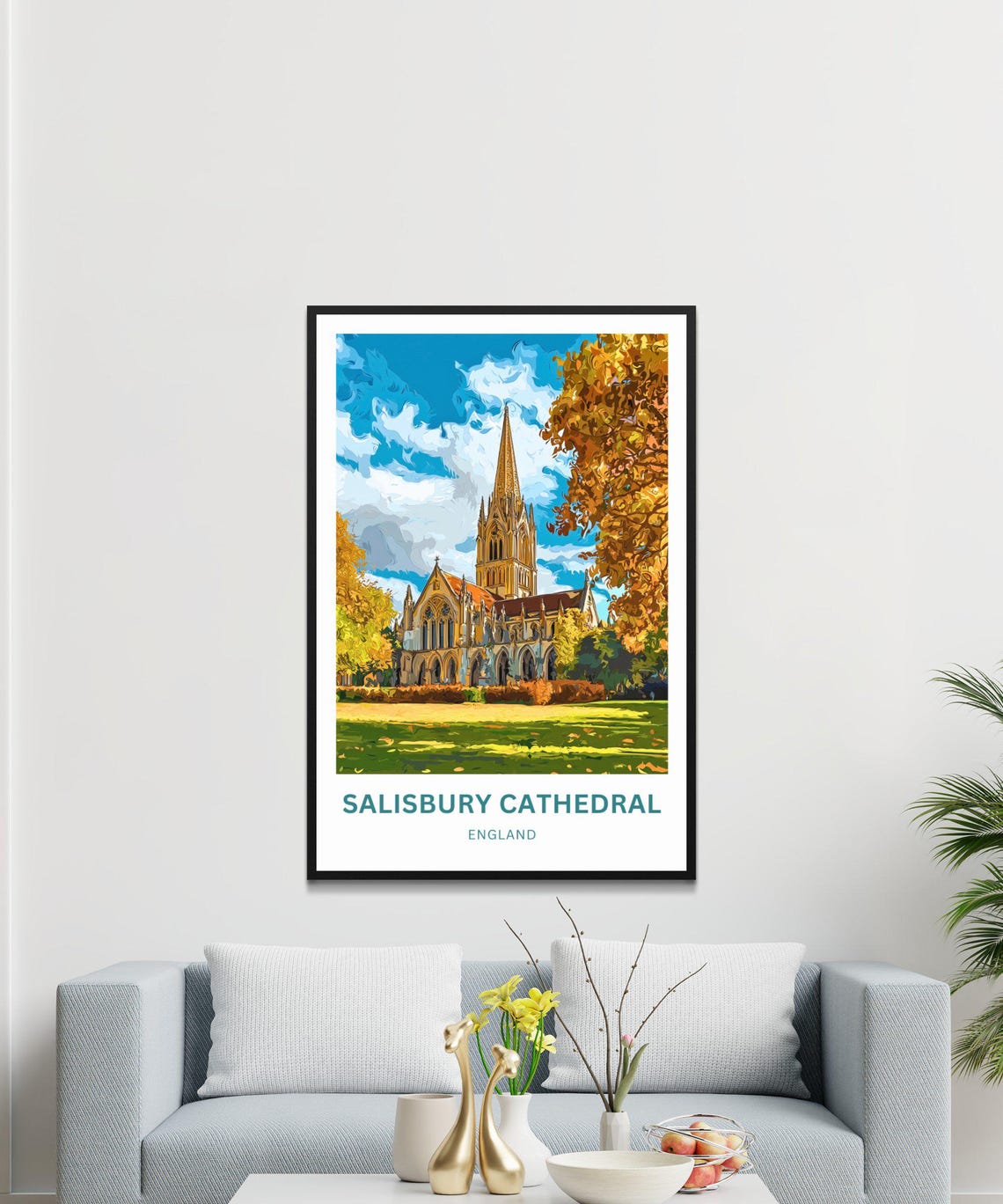 Salisbury Cathedral England Autumn Trees Colorful Art Poster - Image 4