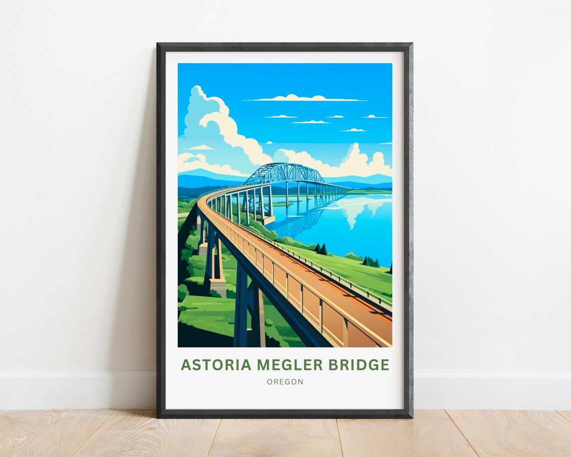 Astoria Megler Bridge Oregon Long Curving Columbia River Travel Poster