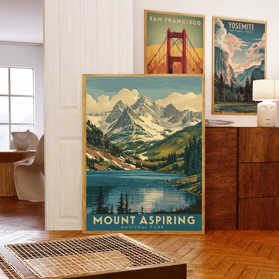 Mount Aspiring National Park Retro Snow Peak Lake View Poster - Image 3