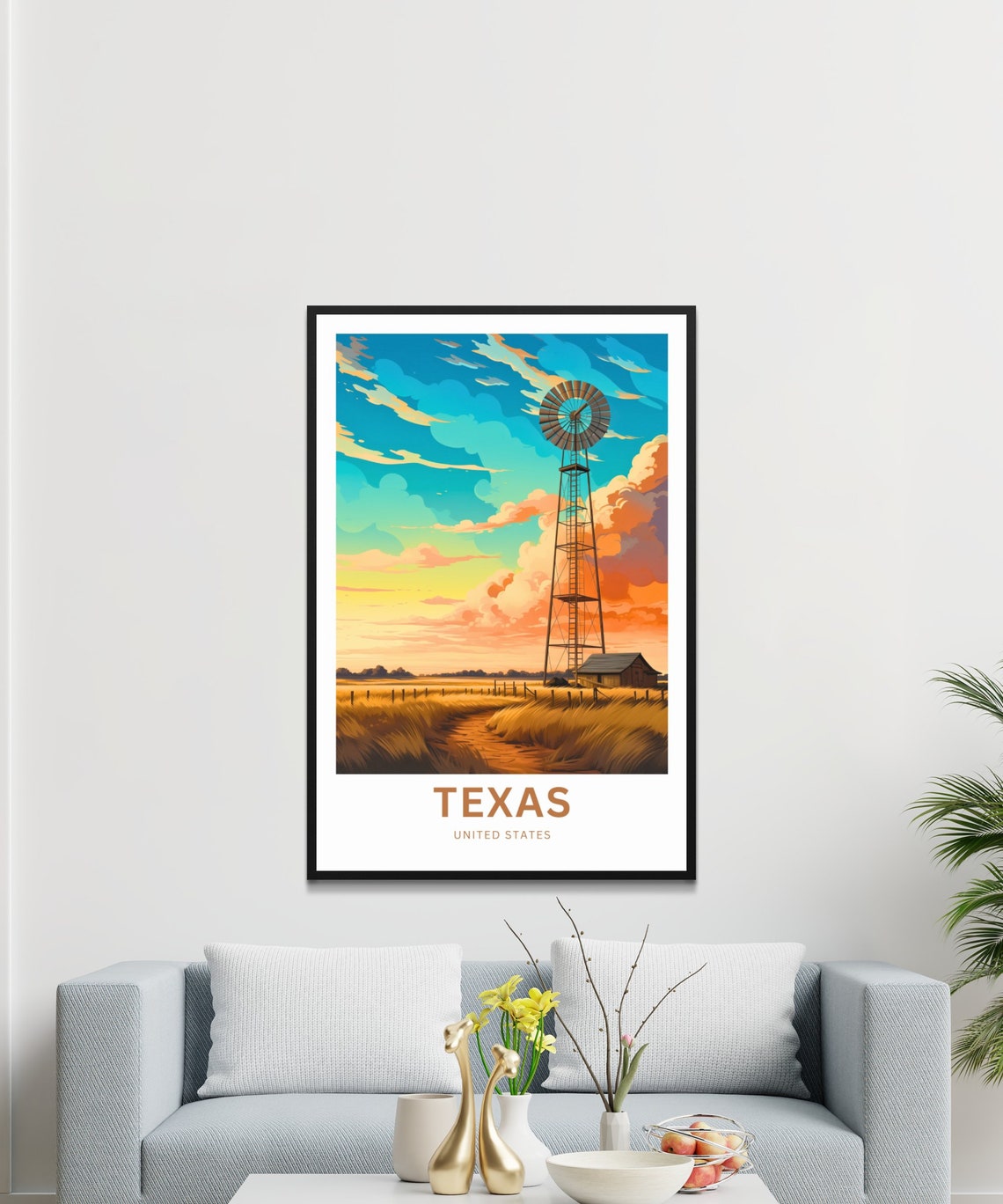 Texas Windmill Barn And Sunset Clouds Personalized Travel Poster - Image 3